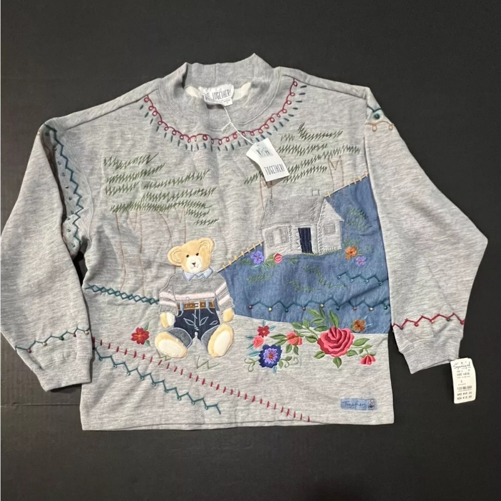 Vtg NWT Sweatshirt Together Embroidered Patchwork Teddy Bear Small Grandma